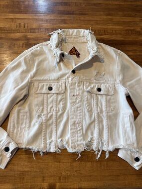 Cropped white denim jacket Pink Stitching Sz Small (k1)